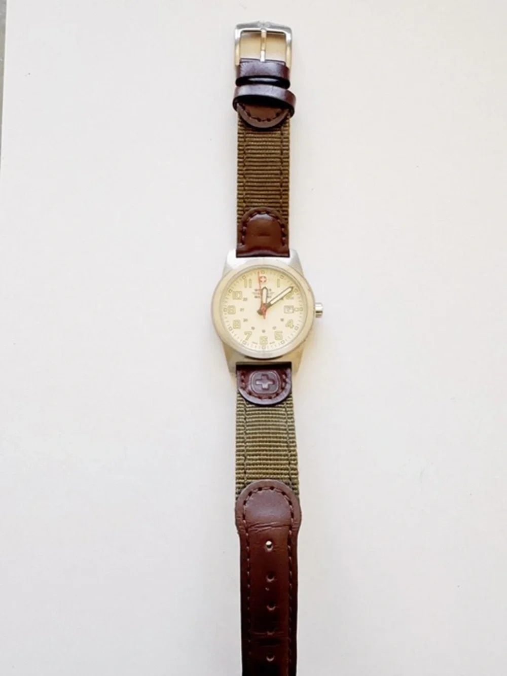 Wenger Swiss Military Field Watch, Cream Dial, Olive Nylon & Leather Band 30mm